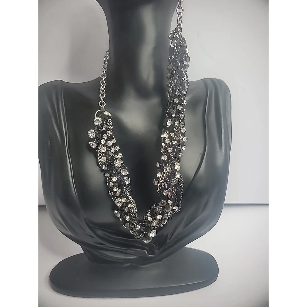 Vintage Silver Black Chain Crystals White Twisted Statement Jewelry Costume